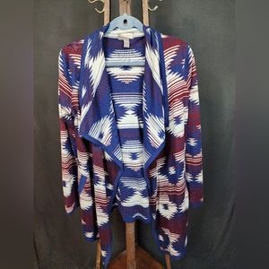 Love 21 Womens Open Front Drape Waterfall Cardigan Sweater Size M/L Blue Aztec